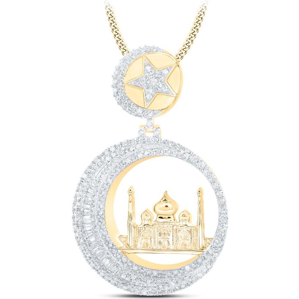 10K Yellow Gold Crescent Star Mosque Masjid Charm Pendant with Round and Baguette Diamonds - 2 Carat Total Diamond Weight