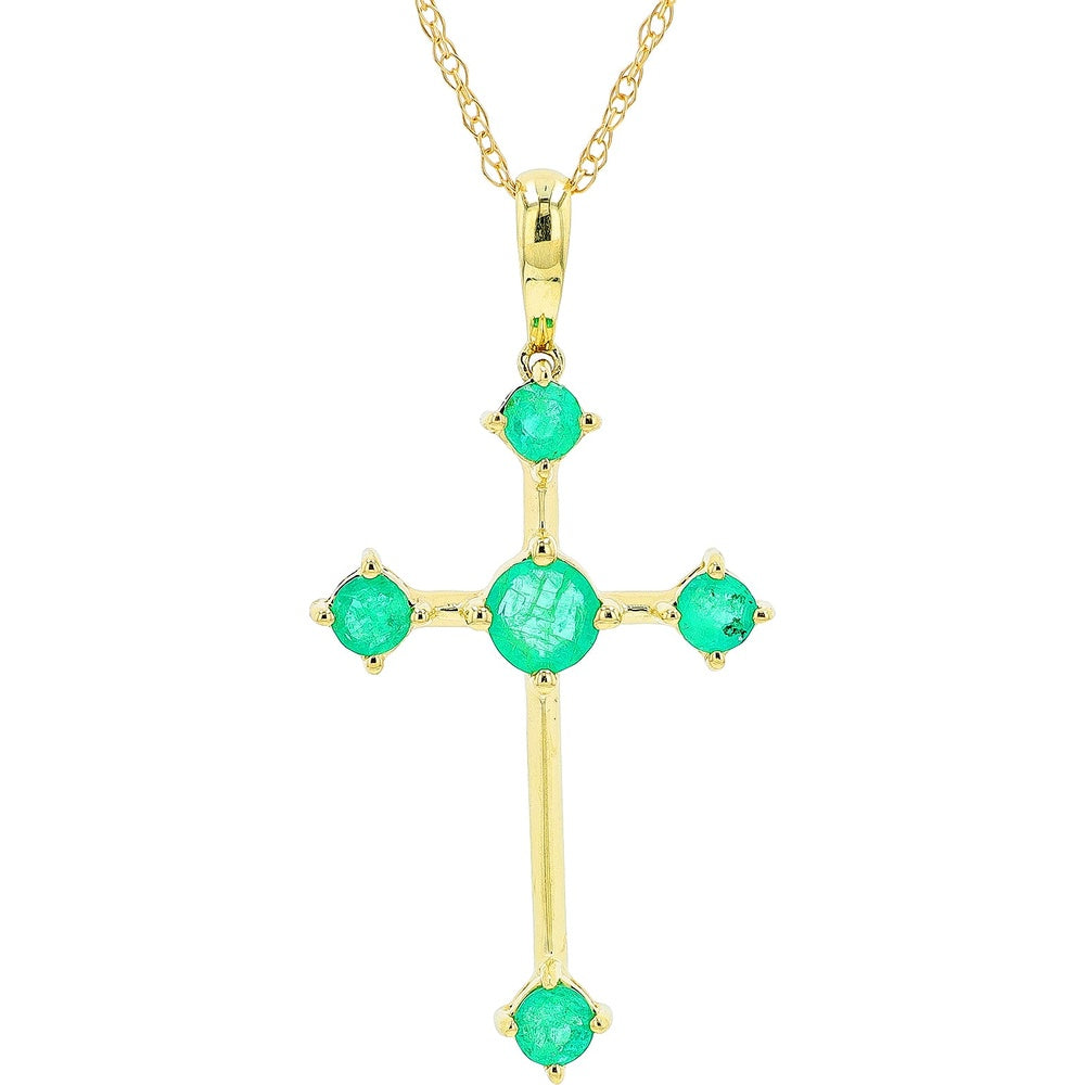 10K Yellow Gold Cross Pendant with 4-Prong Set Round Emeralds - 0.40 Carat Total Gem Weight