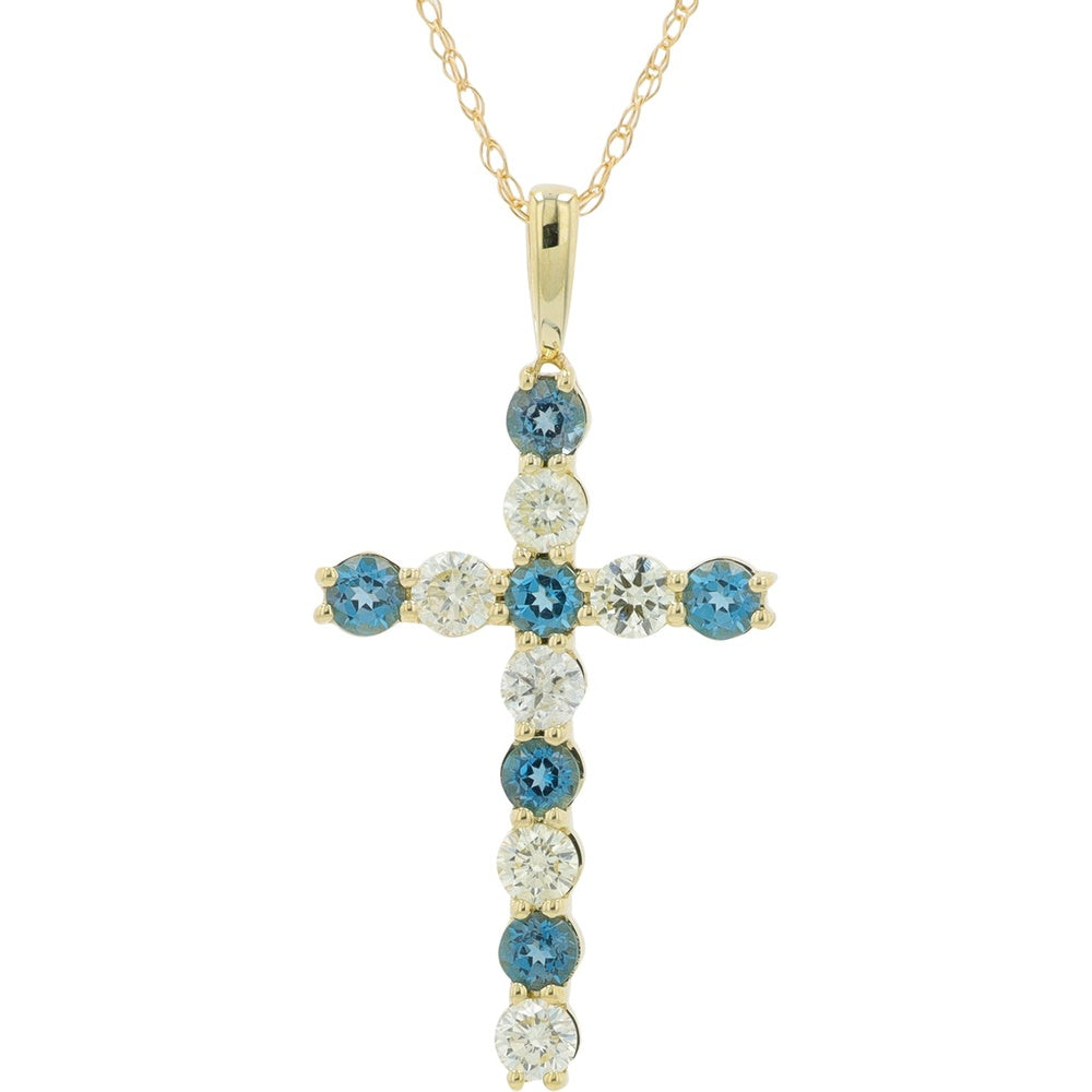 10K Yellow Gold Cross Pendant with Alternating Round London Blue Topaz and Diamonds - 0.50 Carat Total Topaz Weight and 0.40 Carat Total Diamond Weight