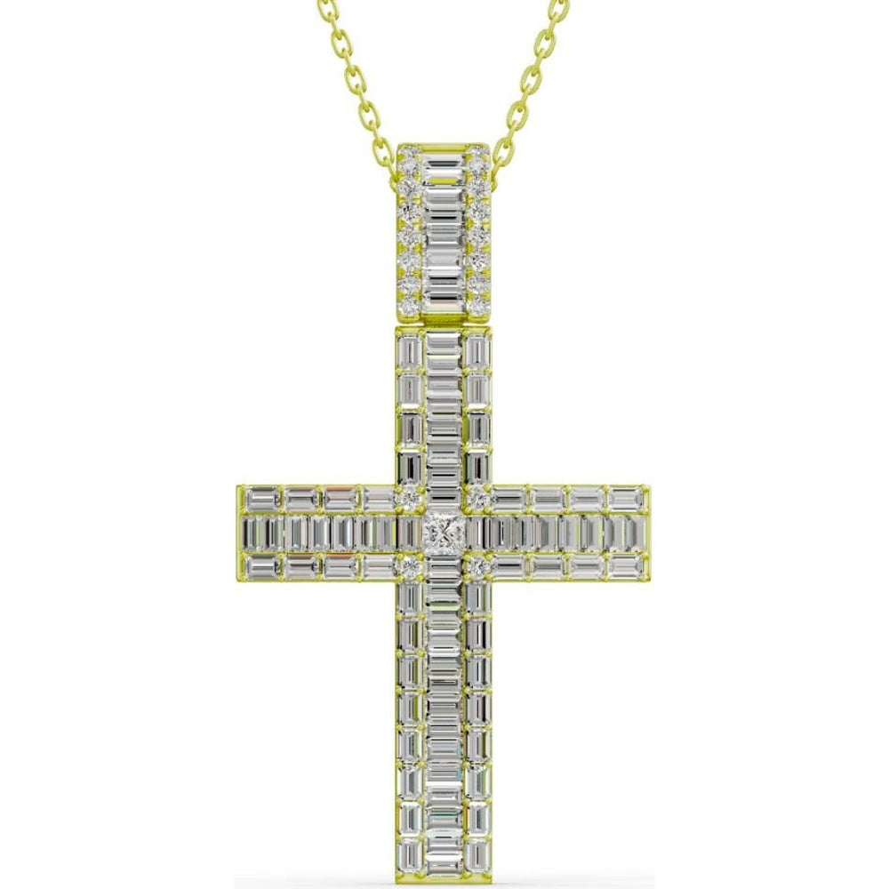 10K Yellow Gold Cross Pendant with Baguette and Round Cut Diamonds - 1.92 Carat Total Diamond Weight by Auriventus