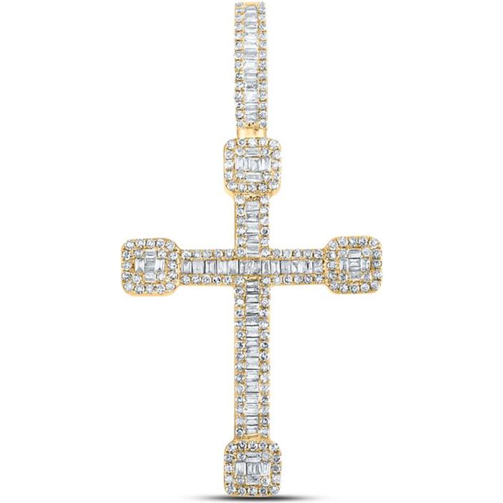 10K Yellow Gold Cross Pendant with Prong and Channel Set Baguette & Round Diamonds - 0.88 Carat Total Diamond Weight