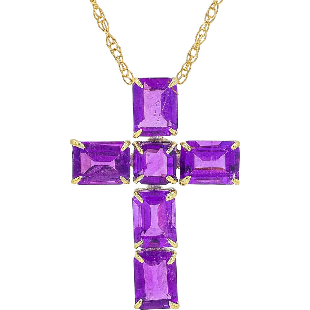 10K Yellow Gold Cross Pendant with Prong-Set Rectangle Amethysts - 1.25 Carat Total Gem Weight