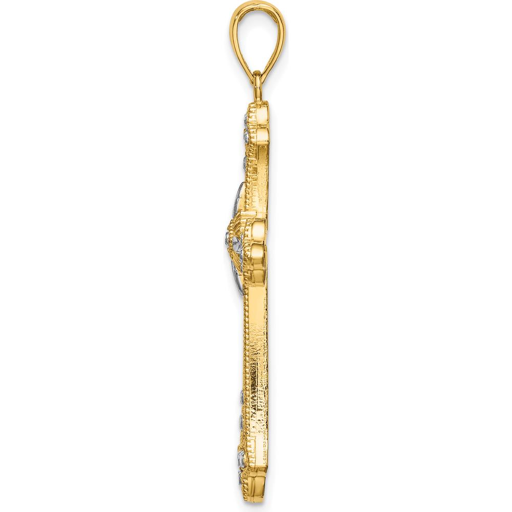 10K Yellow Gold Cross Pendant with Rhodium Diamond-Cut Edges - Solid and Polished Design