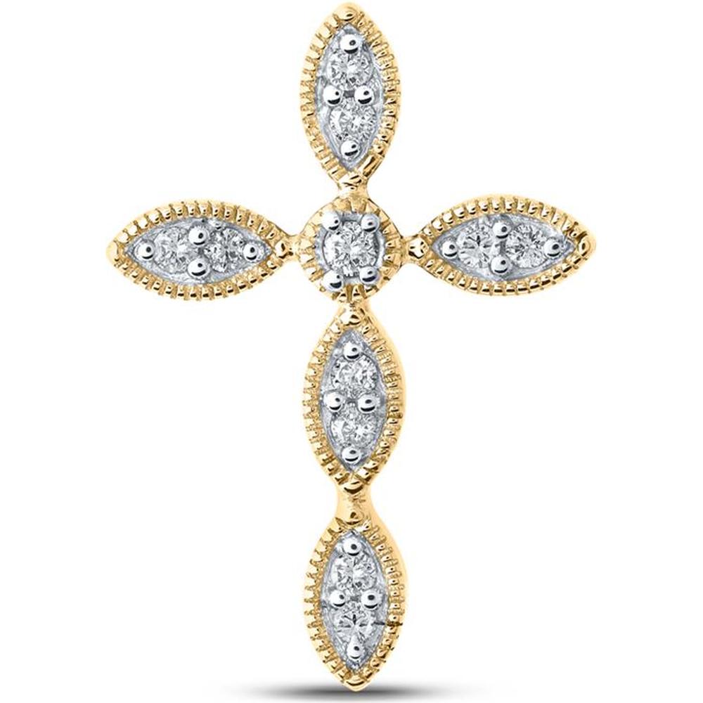 10K Yellow Gold Cross Pendant with Round Diamonds in Bezel and Prong Settings - 1/8 Carat Total Diamond Weight