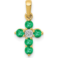 10K Yellow Gold Cross Pendant with Round Emeralds and Diamond Accent - 0.15 Carat Total Emerald Weight, 0.05 Carat Total Diamond Weight by Oro Pregiato