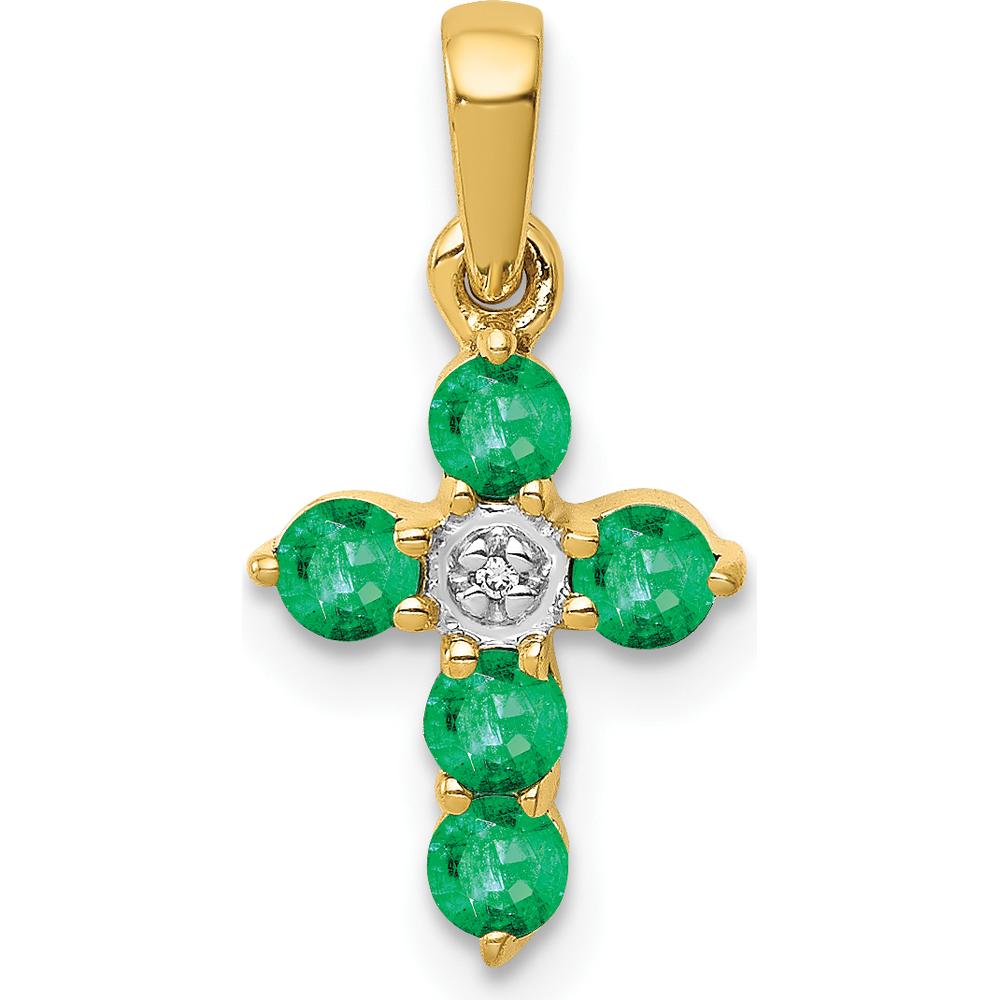 10K Yellow Gold Cross Pendant with Round Emeralds and Diamond Accent - 0.15 Carat Total Emerald Weight, 0.05 Carat Total Diamond Weight by Oro Pregiato