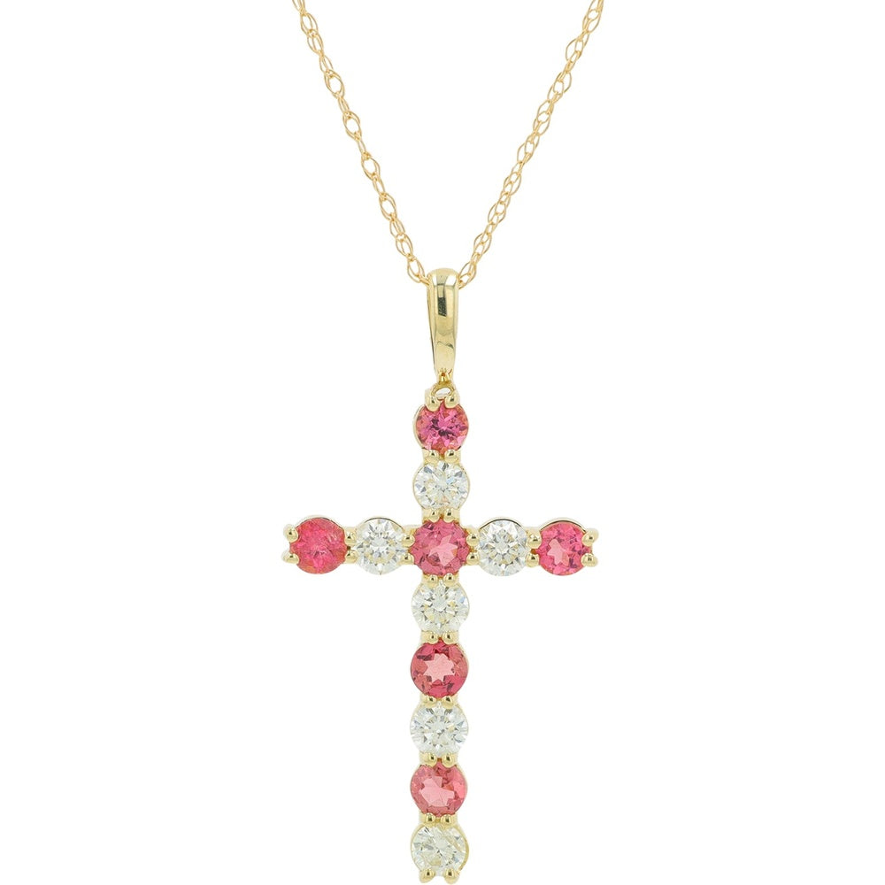 10K Yellow Gold Cross Pendant with Round Pink Tourmalines and Prong-Set Diamonds - 0.40 Carat Total Diamond Weight, 0.36-0.50 Carat Total Tourmaline Weight