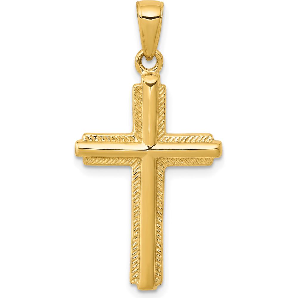 10K Yellow Gold Cross Pendant with Striped Border Design