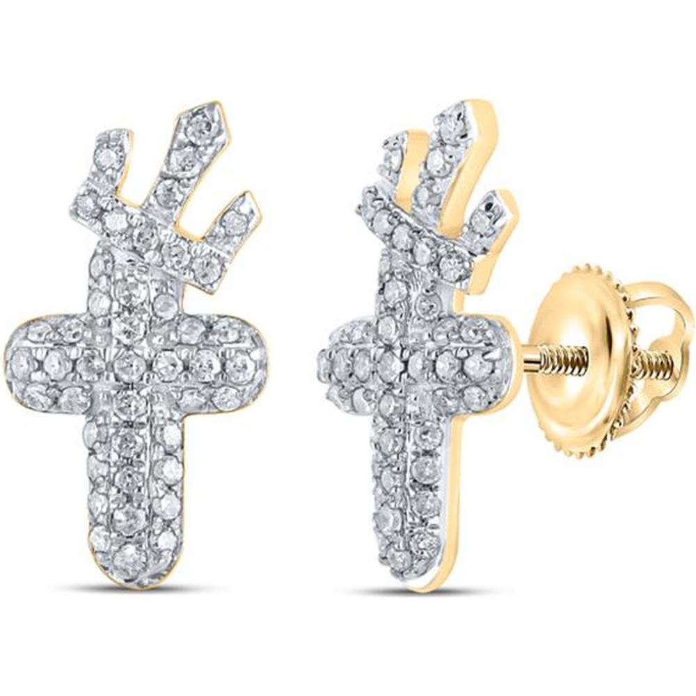 10K Yellow Gold Crown Cross Stud Earrings with Pave-Set Round Diamonds - 1/4 Carat Total Diamond Weight