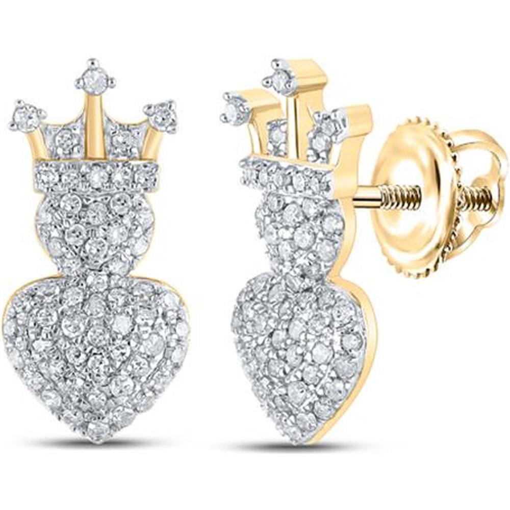 10K Yellow Gold Crown Heart Stud Earrings with Round Diamonds - 0.33 Carat Total Diamond Weight