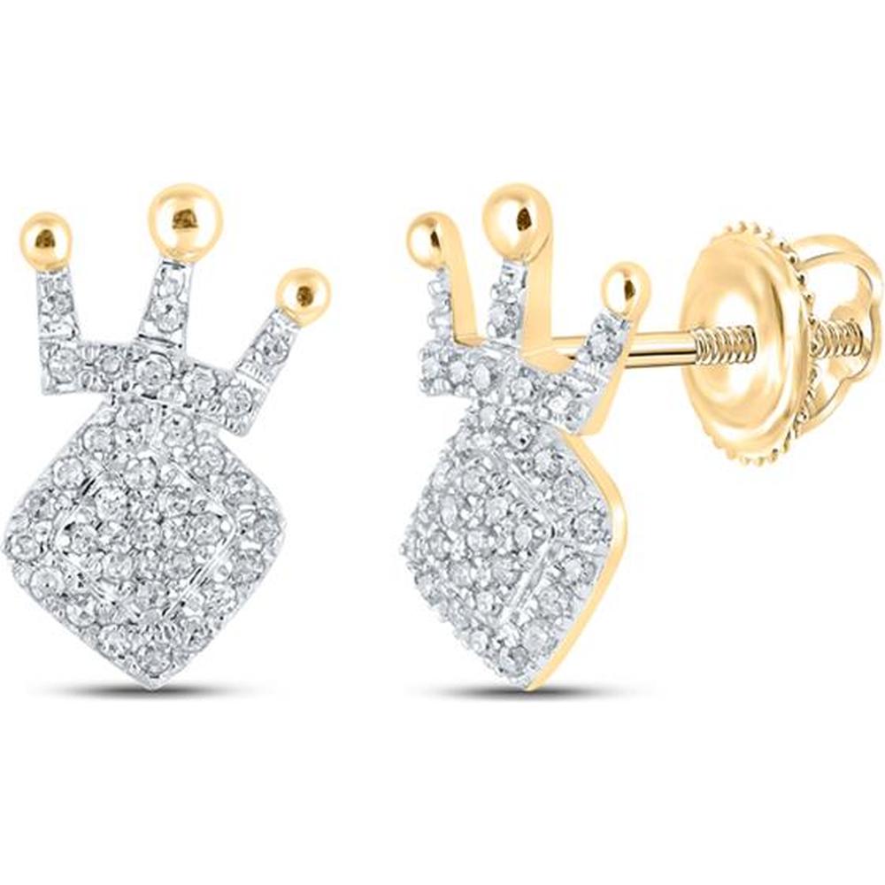10K Yellow Gold Crown Motif Stud Earrings with Pavé-Set Round Diamonds - 0.20 Carat Total Diamond Weight
