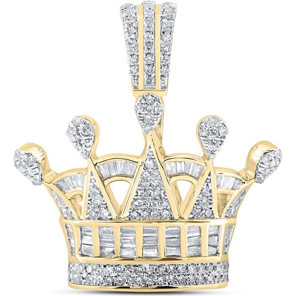 10K Yellow Gold Crown Pendant with Prong-Set Round and Baguette Diamonds - 0.875 Carat Total Diamond Weight