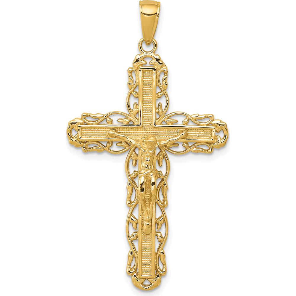 10K Yellow Gold Crucifix Pendant with Intricate Filigree Design - Polished Finish