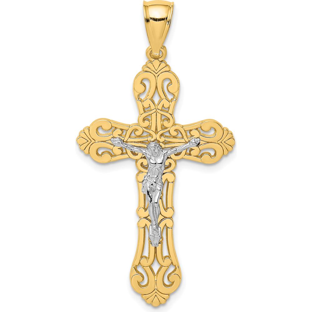 10K Yellow Gold Crucifix Pendant with Rhodium Accents - 43mm Length