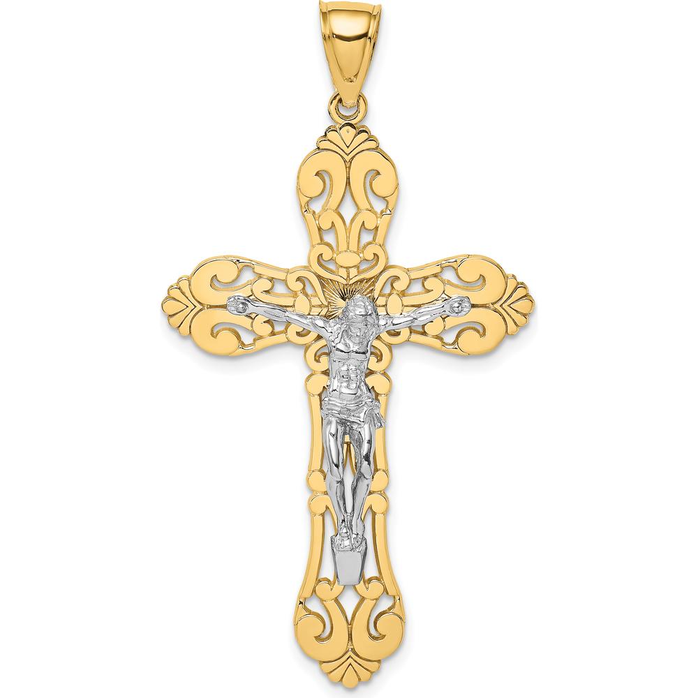 10K Yellow Gold Crucifix Pendant with Rhodium Accents - 52.8mm Length