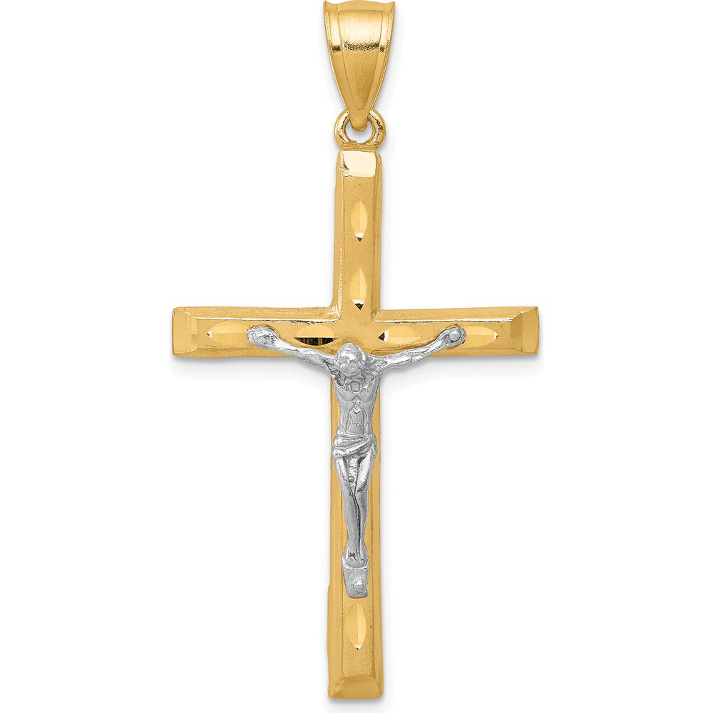 10K Yellow Gold Crucifix Pendant with Rhodium Accents and Diamond-Cut Detailing - 45mm Length