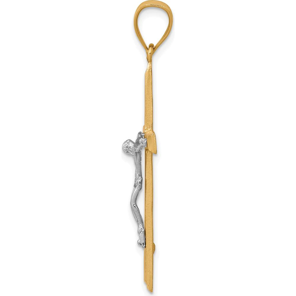 10K Yellow Gold Crucifix Pendant with Rhodium Accents and Diamond-Cut Detailing - 45mm Length