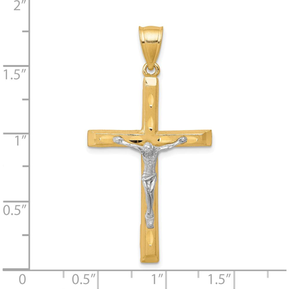 10K Yellow Gold Crucifix Pendant with Rhodium Accents and Diamond-Cut Detailing - 45mm Length