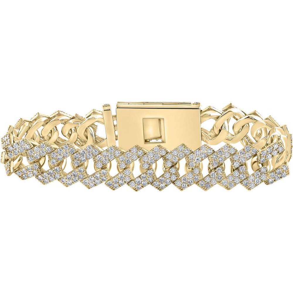 10K Yellow Gold Cuban Link Bracelet with Round Diamonds - 14-1/2 Carat Total Diamond Weight