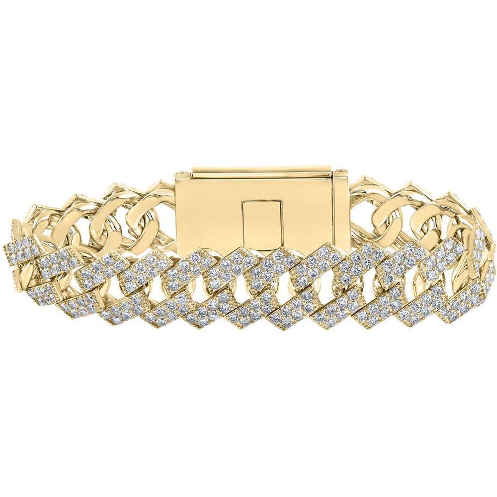 10K Yellow Gold Cuban Link Bracelet with Round Diamonds - 20.25 Carat Total Diamond Weight