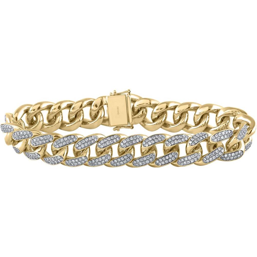 10K Yellow Gold Cuban Link Bracelet with Round Diamonds - 7 Carat Total Diamond Weight