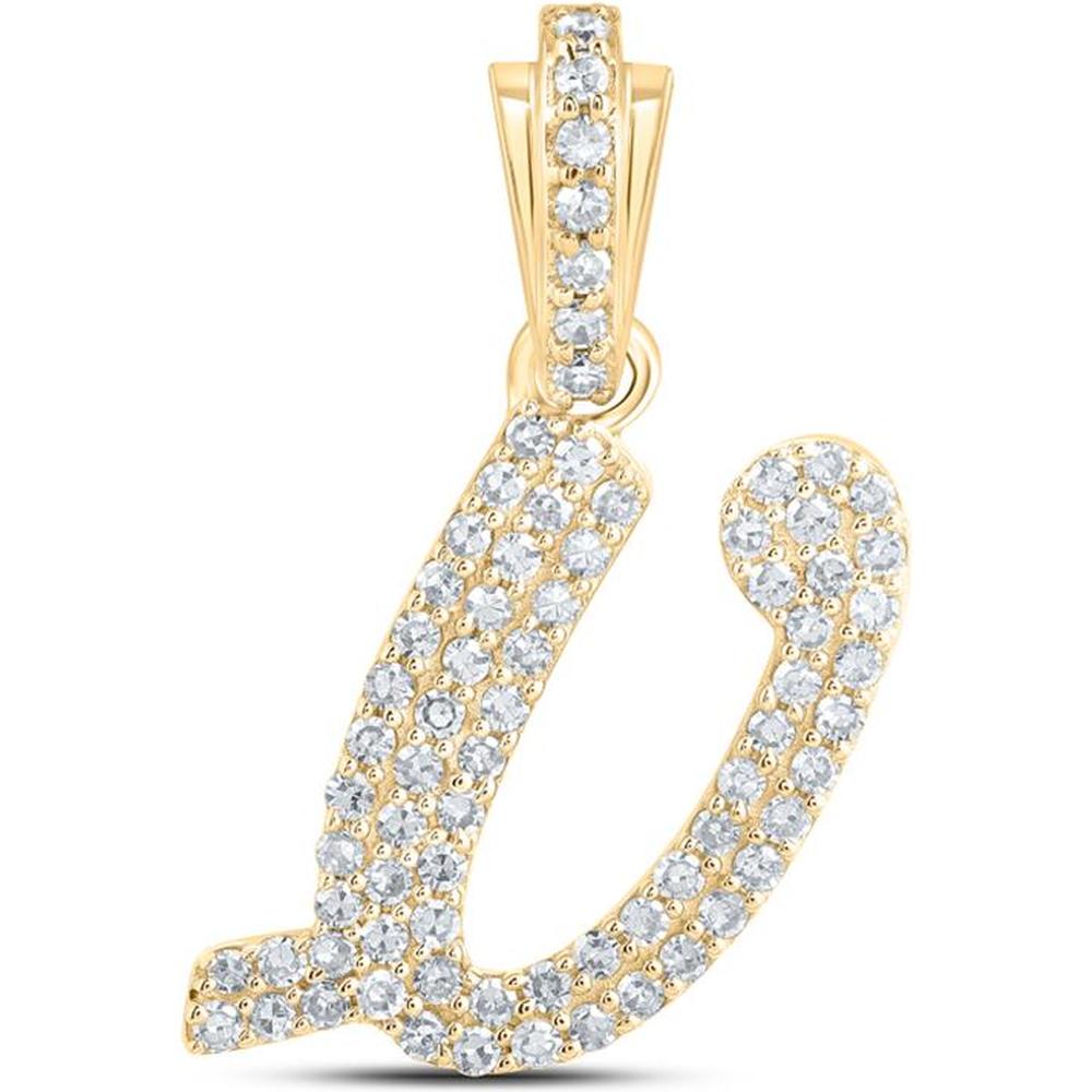 10K Yellow Gold Cursive "V" Initial Pendant with Round Diamonds - 1/3 Carat Total Diamond Weight
