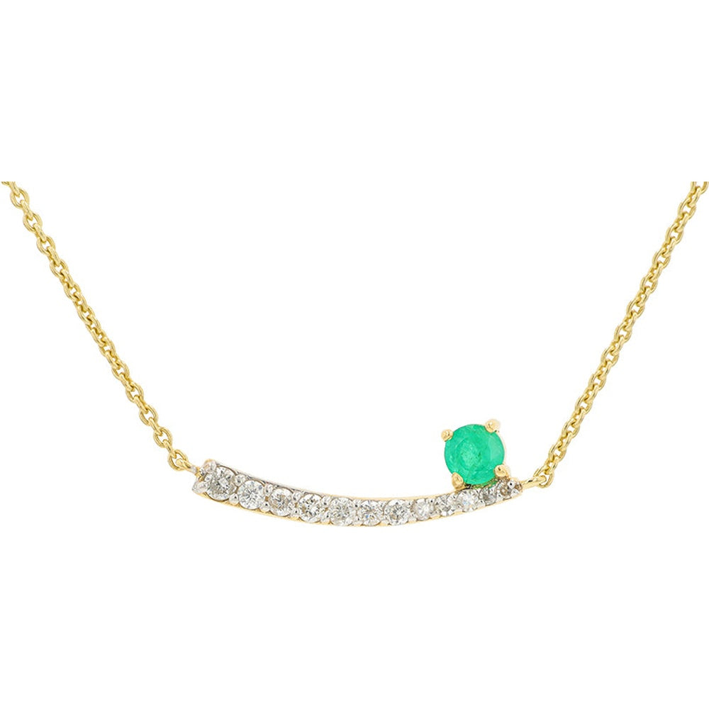 10K Yellow Gold Curved Bar Pendant Necklace with Round Emerald and Diamond Accents - 0.24 Carat Total Emerald Weight and 0.18 Carat Total Diamond Weight