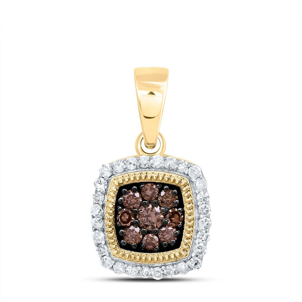10K Yellow Gold Cushion Brown and White Diamond Pendant - 1/4 Carat Total Diamond Weight