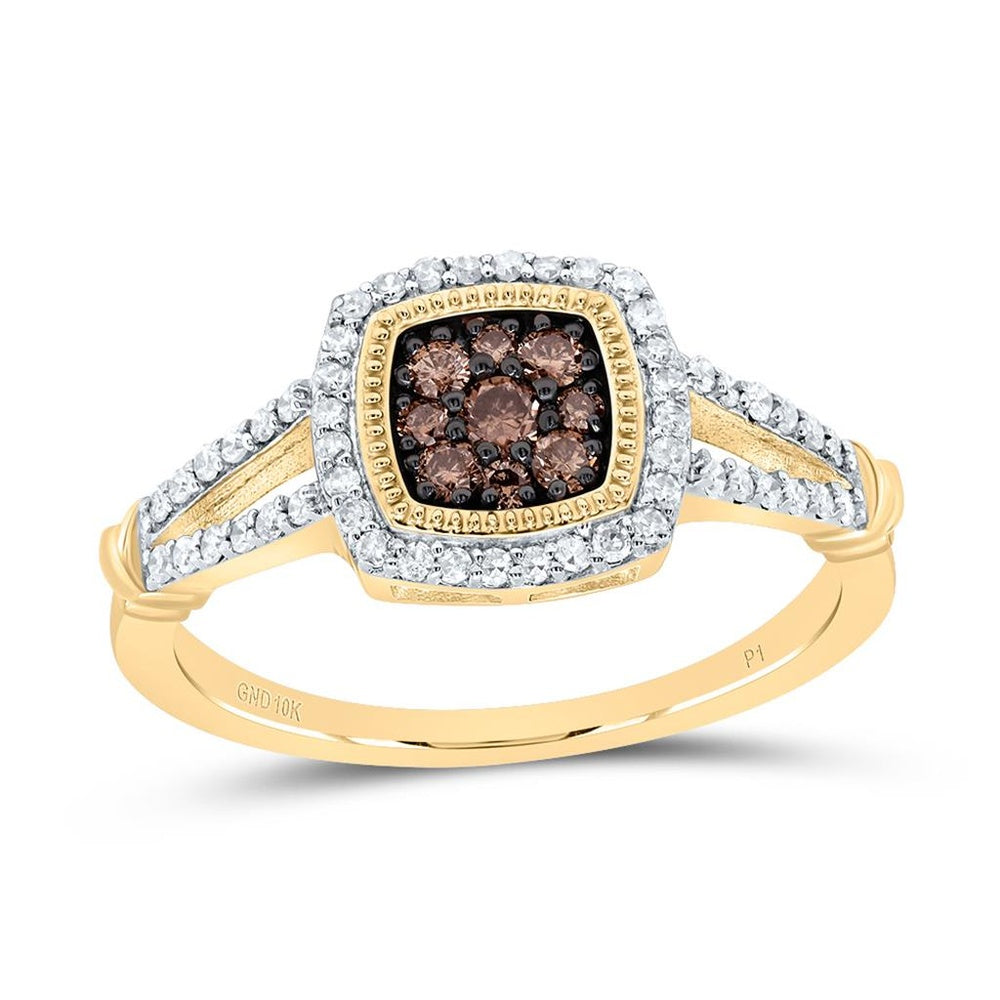 10K Yellow Gold Cushion Brown and White Diamond Ring - 3/8 Carat Total Diamond Weight