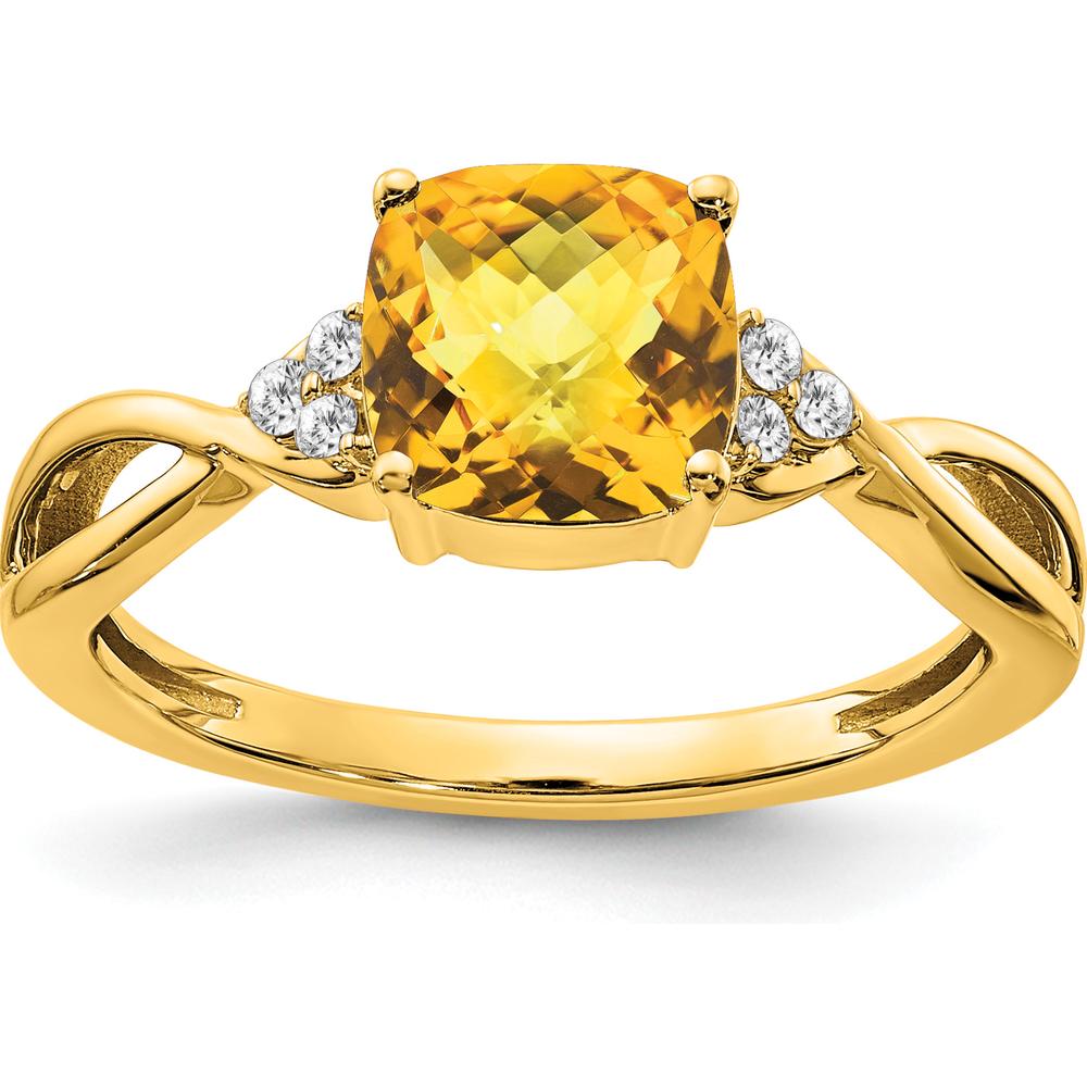 10K Yellow Gold Cushion Cut Citrine and Diamond Ring - 1.75 Carat Citrine, 0.01 Carat Diamond Total Weight by 0