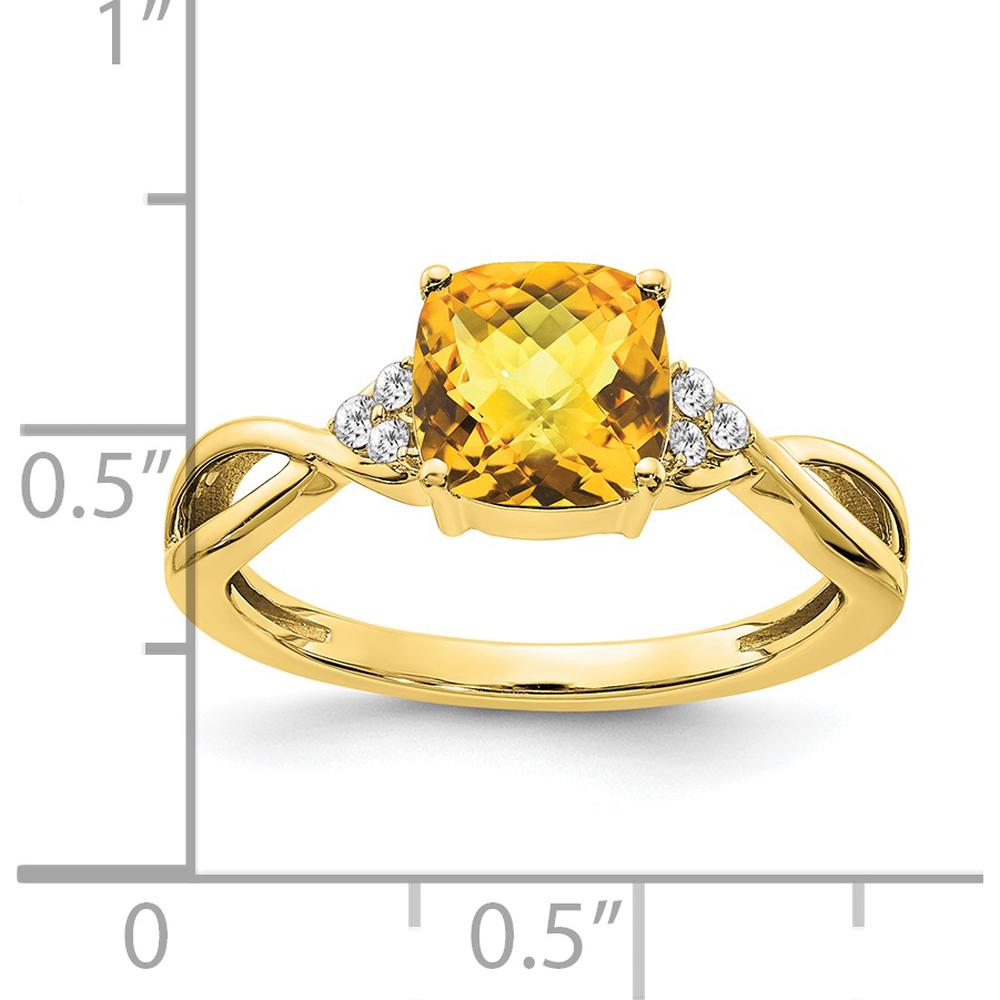 10K Yellow Gold Cushion Cut Citrine and Diamond Ring - 1.75 Carat Citrine, 0.01 Carat Diamond Total Weight by 0
