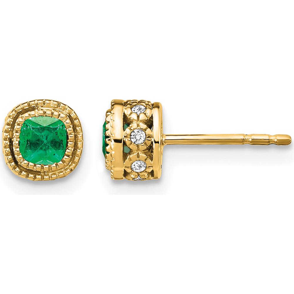 10K Yellow Gold Cushion-Cut Emerald and Round Diamond Earrings - 0.25 Carat Total Gem Weight by Monteluci Fine Jewelry