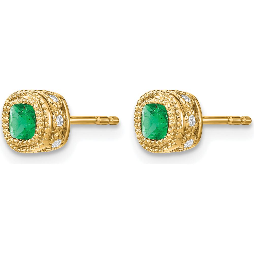 10K Yellow Gold Cushion-Cut Emerald and Round Diamond Earrings - 0.25 Carat Total Gem Weight by Monteluci Fine Jewelry