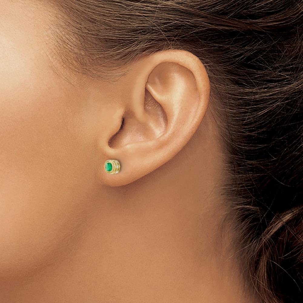 10K Yellow Gold Cushion-Cut Emerald and Round Diamond Earrings - 0.25 Carat Total Gem Weight by Monteluci Fine Jewelry