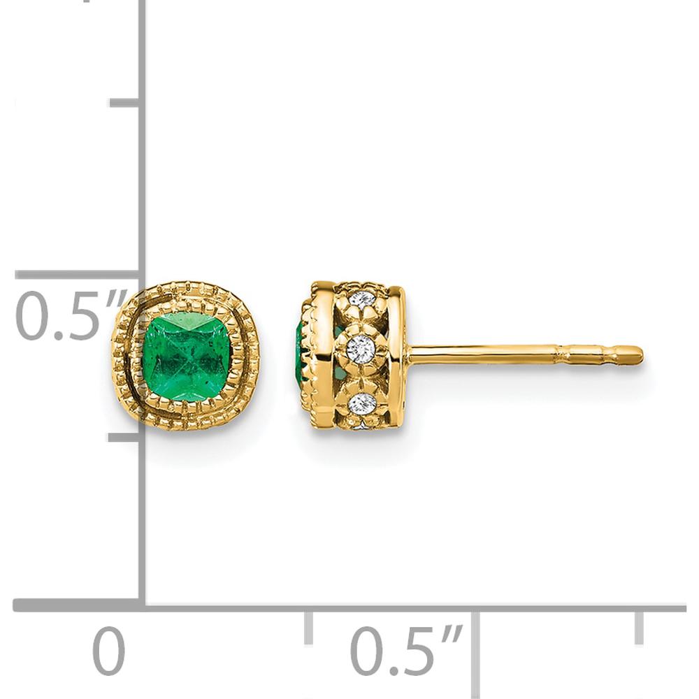 10K Yellow Gold Cushion-Cut Emerald and Round Diamond Earrings - 0.25 Carat Total Gem Weight by Monteluci Fine Jewelry