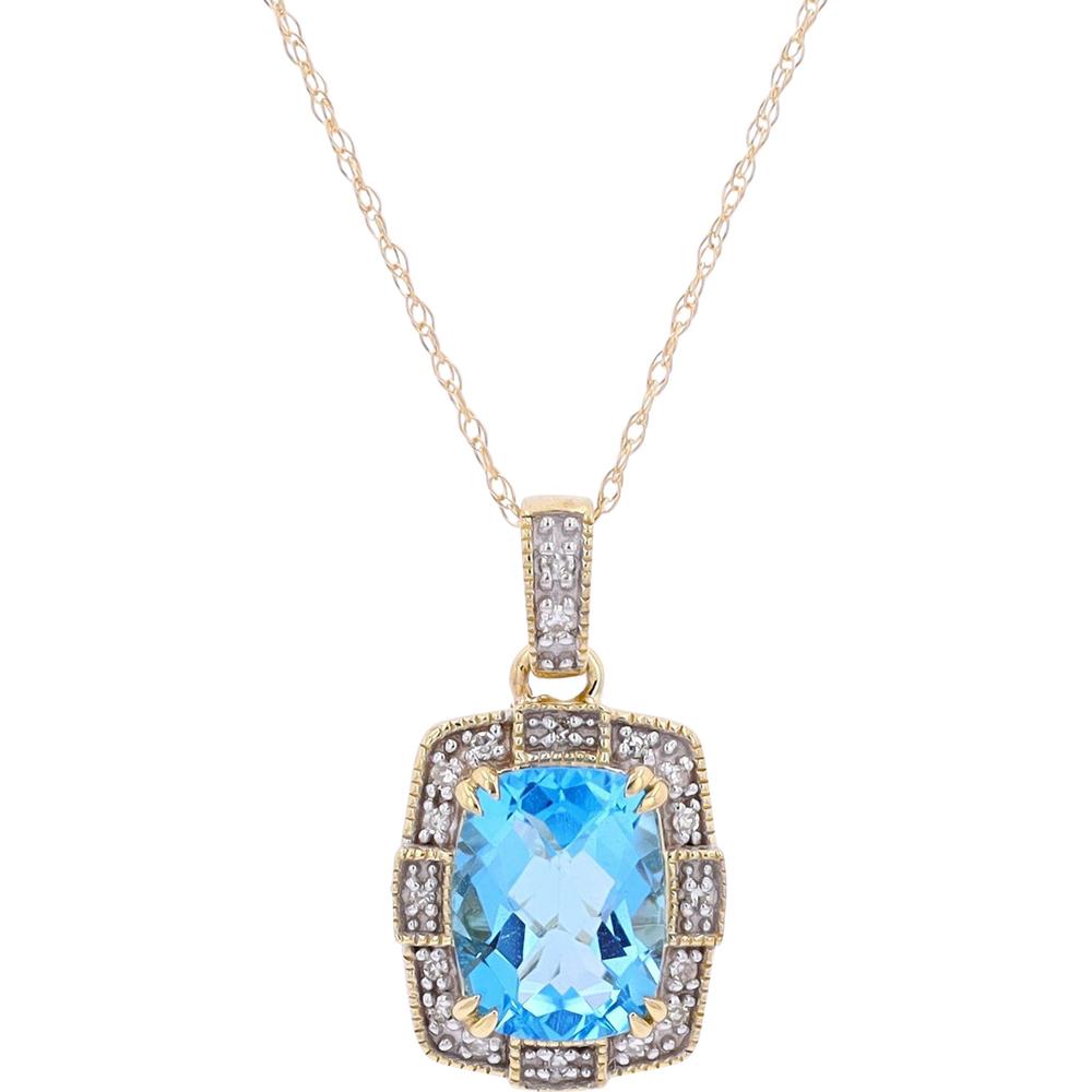 10K Yellow Gold Cushion Cut Swiss Blue Topaz Pendant with Diamond Halo and Milgrain Detail - 0.07 Carats Total Diamond Weight