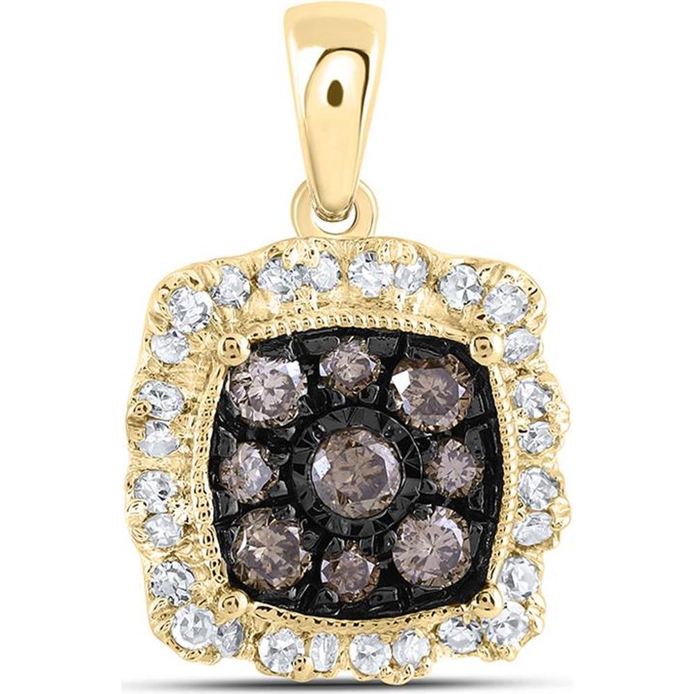10K Yellow Gold Cushion Pendant with Prong-Set Round Brown Diamonds 0.23 Carat and White Diamond Halo 0.15 Carat Total Weight