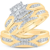 10K Yellow Gold Cushion-Shape Diamond Cluster Matching Bridal Ring Set with Pavé Arcs - 0.50 Carat Total Diamond Weight