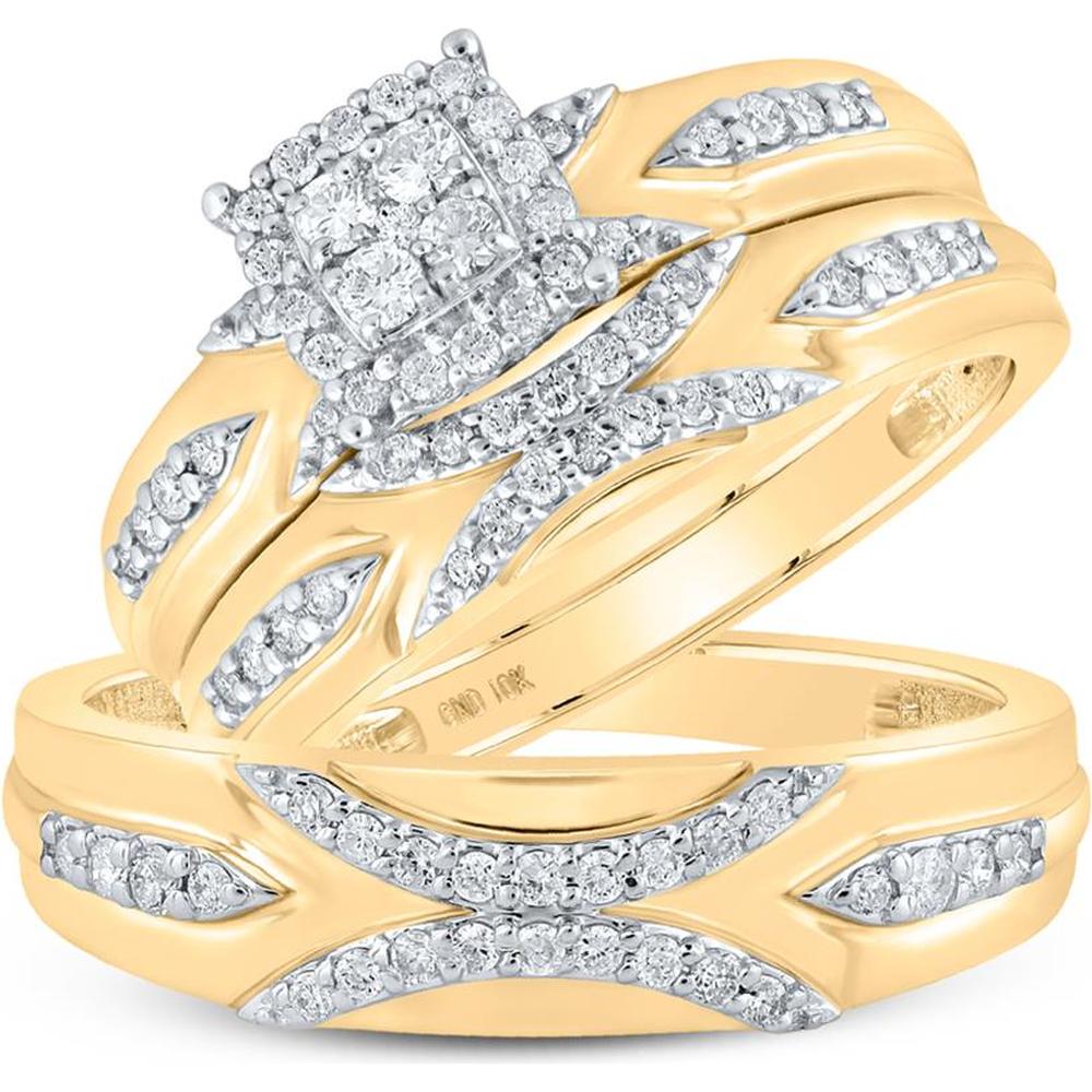 10K Yellow Gold Cushion-Shape Diamond Cluster Matching Bridal Ring Set with Pavé Arcs - 0.50 Carat Total Diamond Weight