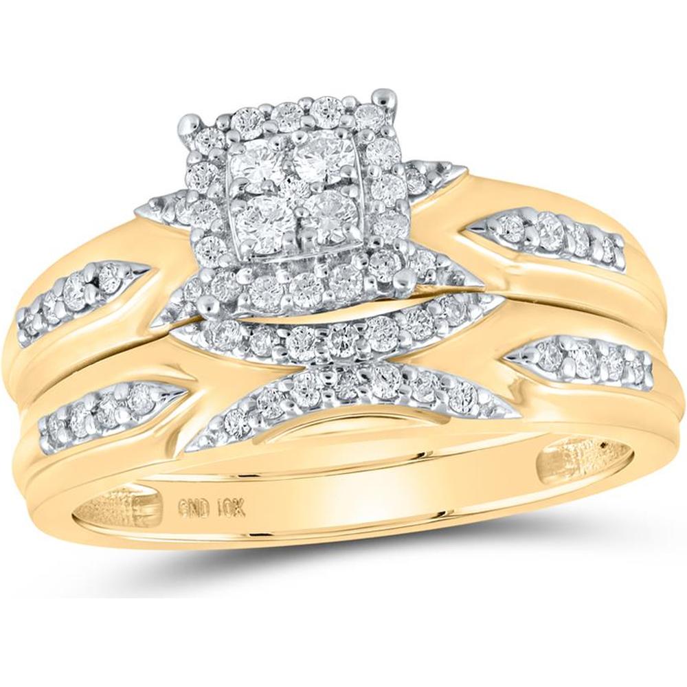 10K Yellow Gold Cushion-Shape Diamond Cluster Matching Bridal Ring Set with Pavé Arcs - 0.50 Carat Total Diamond Weight