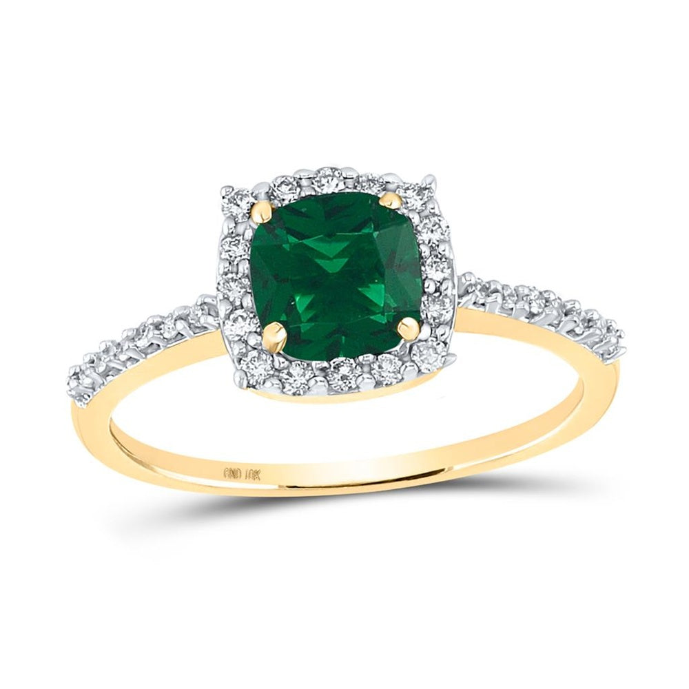 10K Yellow Gold Cushion Synthetic Emerald Diamond Solitaire Ring 1 - 1 and 1/5 Carat Total Diamond Weight