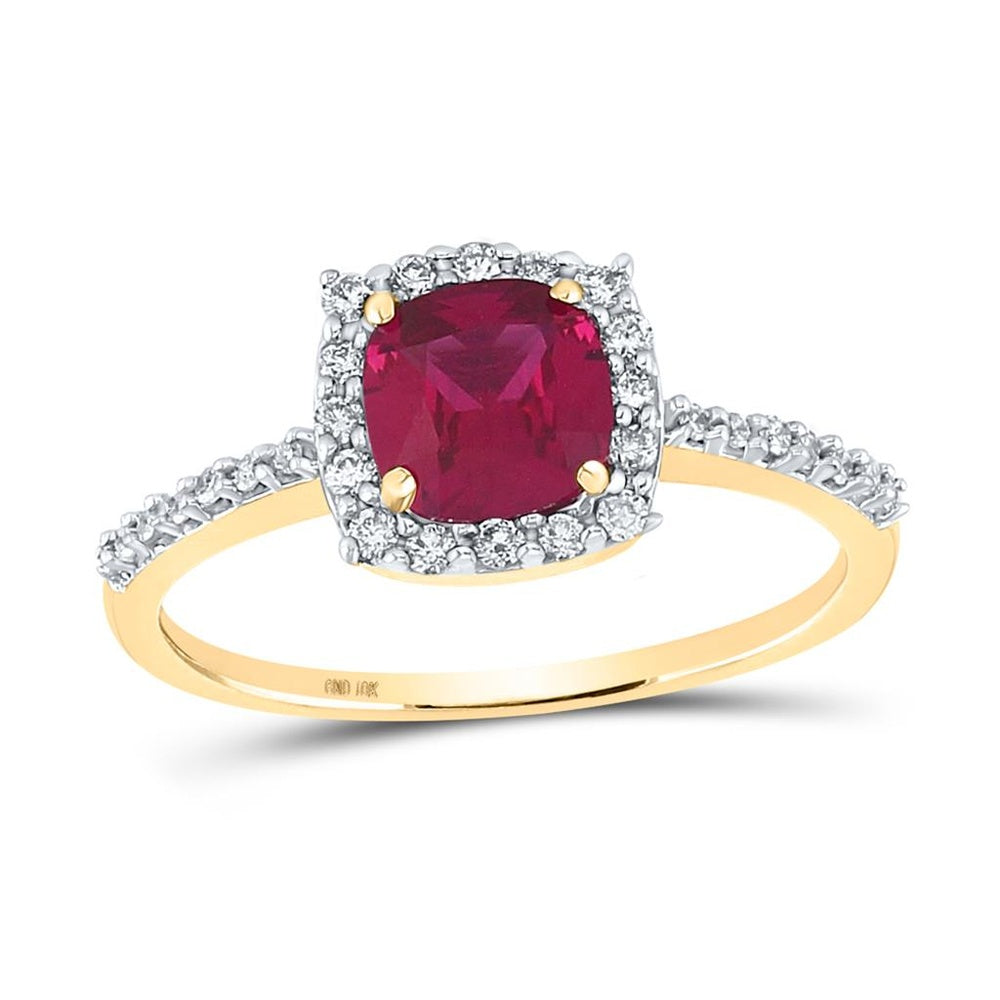 10K Yellow Gold Cushion Synthetic Ruby Diamond Solitaire Ring - 1 & 1/2 Carat Total Gemstone Weight