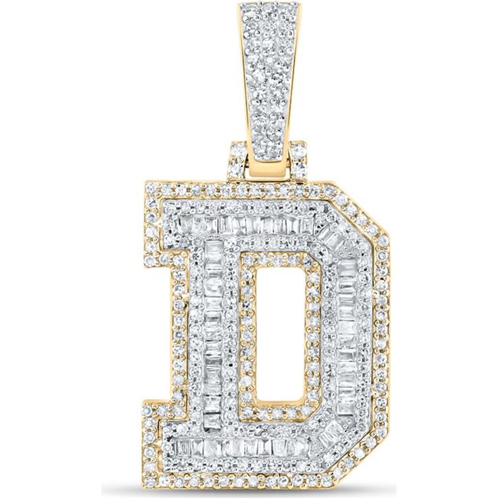 10K Yellow Gold "D" Initial Pendant with Prong-Set Baguette and Round Diamonds - 0.67 Carat Total Diamond Weight