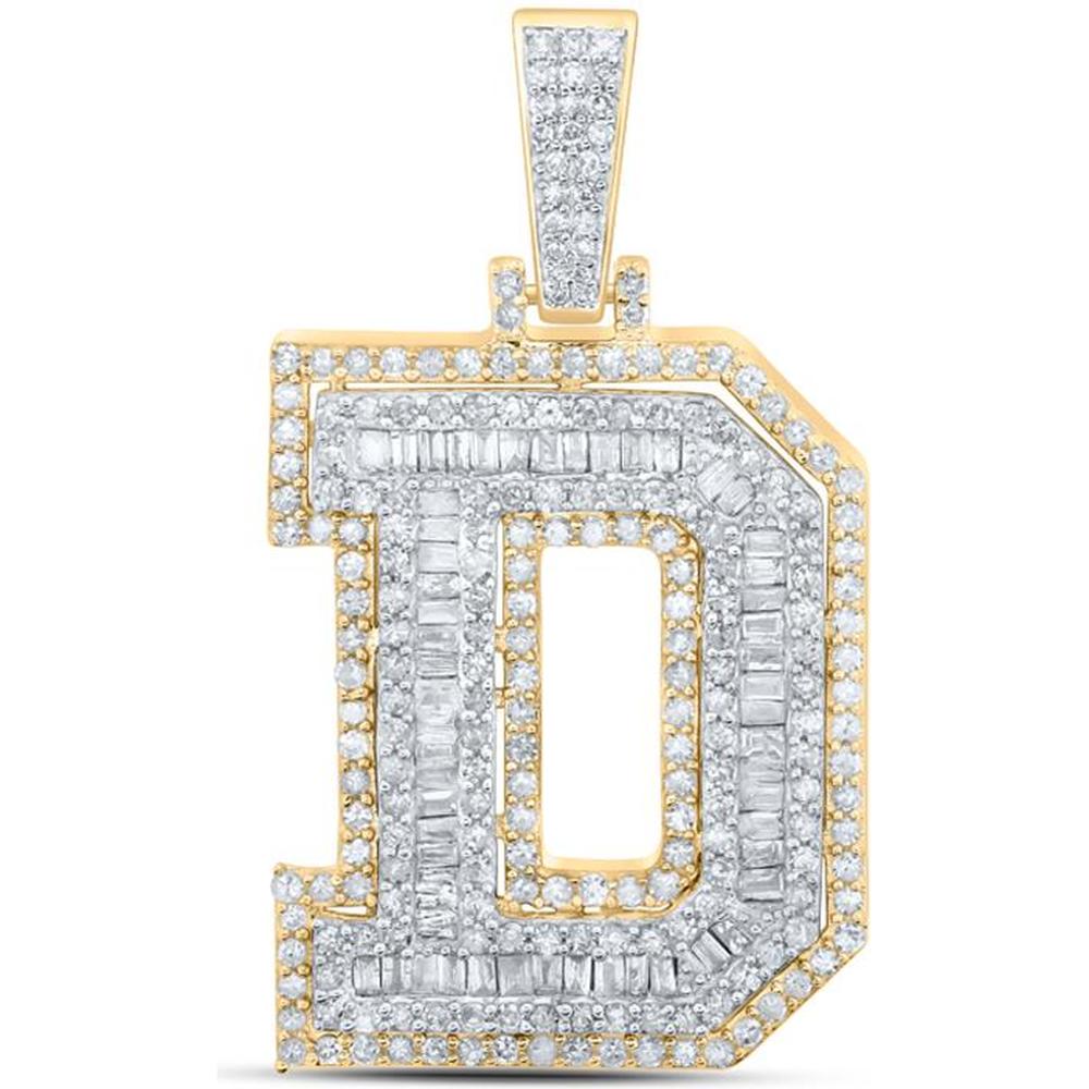 10K Yellow Gold D Initial Pendant with Prong-Set Round and Channel-Set Baguette Diamonds - 1.33 Carat Total Diamond Weight