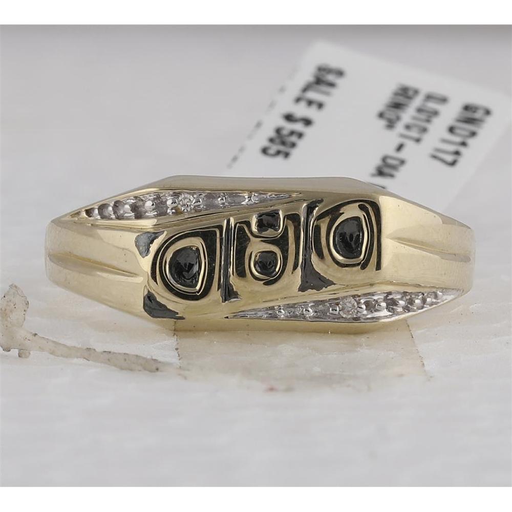 10K Yellow Gold Dad Ring with Black Detailing and Prong-Set Round Diamonds - 0.01 Carat Total Diamond Weight