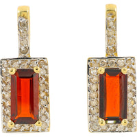 10K Yellow Gold Dangle Earrings with Emerald-Cut Garnets and Diamond Halo - 1.50 Carat Total Garnet Weight and 0.28 Carat Total Diamond Weight