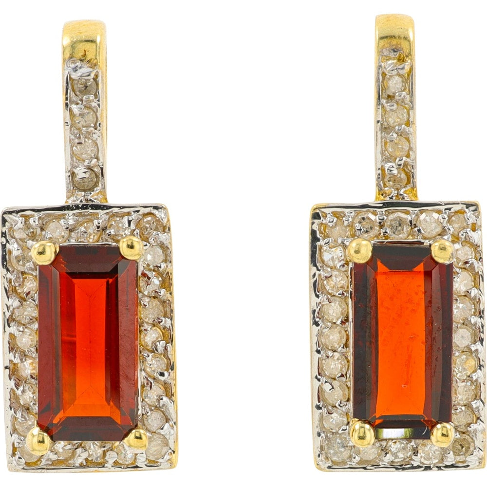 10K Yellow Gold Dangle Earrings with Emerald-Cut Garnets and Diamond Halo - 1.50 Carat Total Garnet Weight and 0.28 Carat Total Diamond Weight