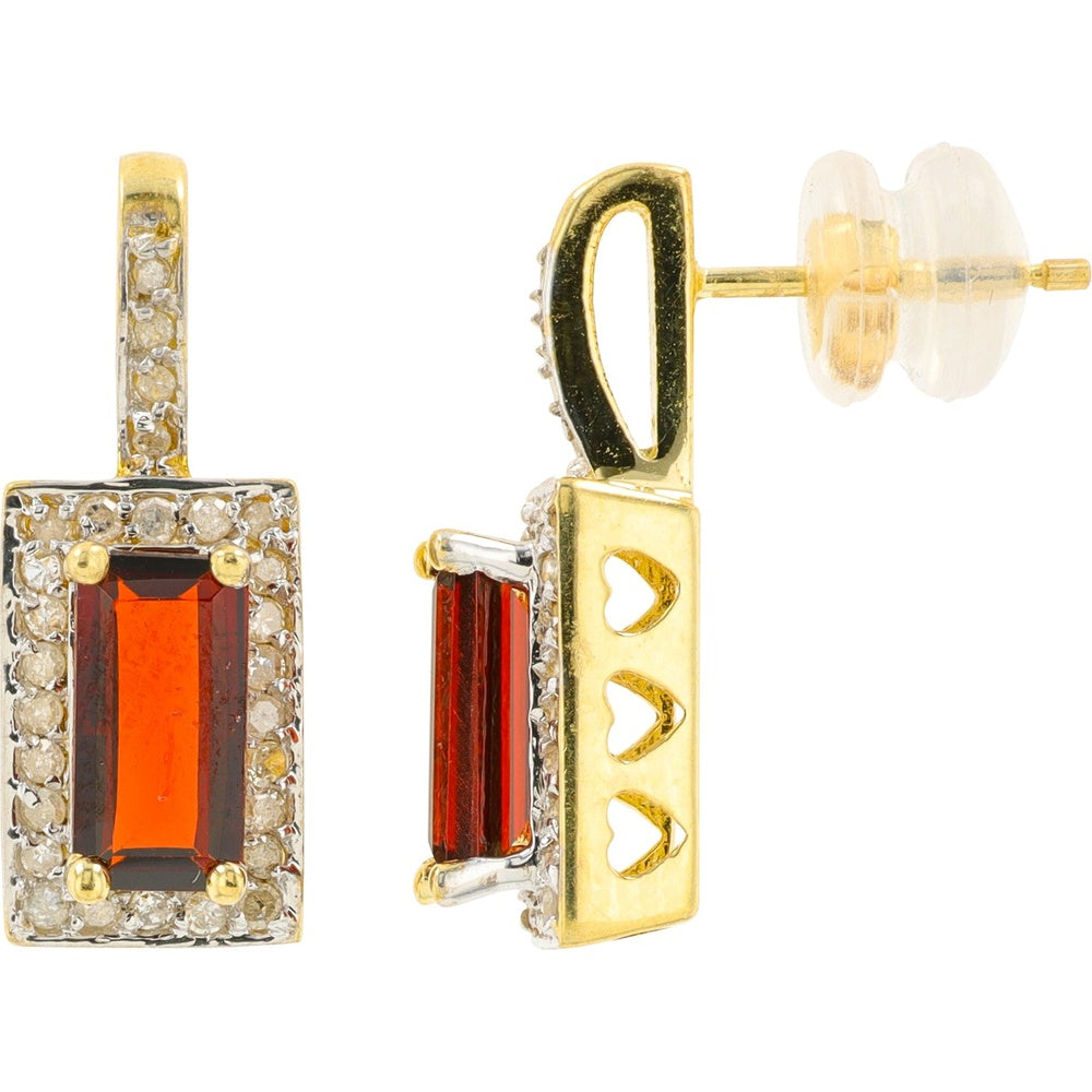 10K Yellow Gold Dangle Earrings with Emerald-Cut Garnets and Diamond Halo - 1.50 Carat Total Garnet Weight and 0.28 Carat Total Diamond Weight