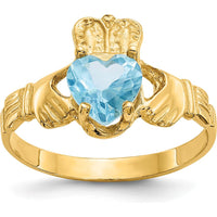 10K Yellow Gold December Birthstone Claddagh Ring with Heart-Shaped Blue Topaz Gem