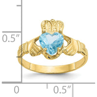 10K Yellow Gold December Birthstone Claddagh Ring with Heart-Shaped Blue Topaz Gem